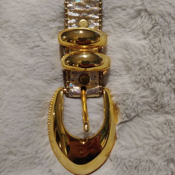 Belts by Simon silver metallic leather large belt with gold hardware main image 13